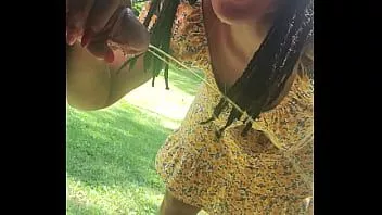 Play Outside hiding under porch peeing licking my fingers then sucking my masters cock